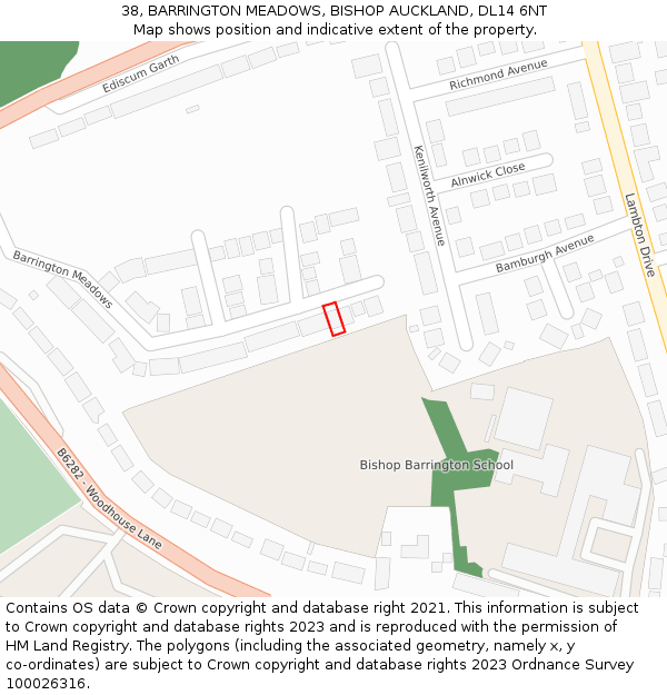 38, BARRINGTON MEADOWS, BISHOP AUCKLAND, DL14 6NT: Location map and indicative extent of plot