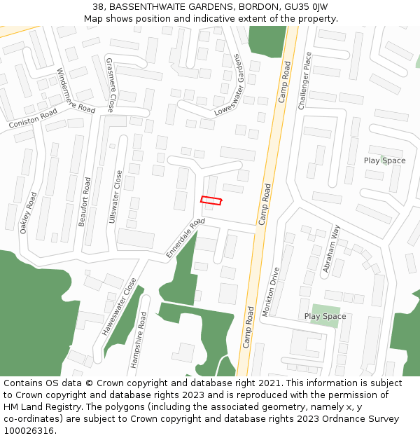 38, BASSENTHWAITE GARDENS, BORDON, GU35 0JW: Location map and indicative extent of plot