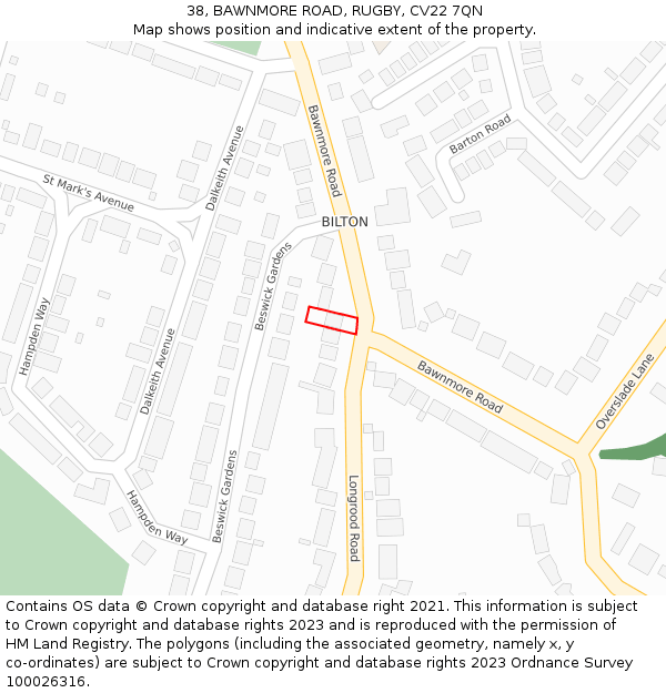 38, BAWNMORE ROAD, RUGBY, CV22 7QN: Location map and indicative extent of plot