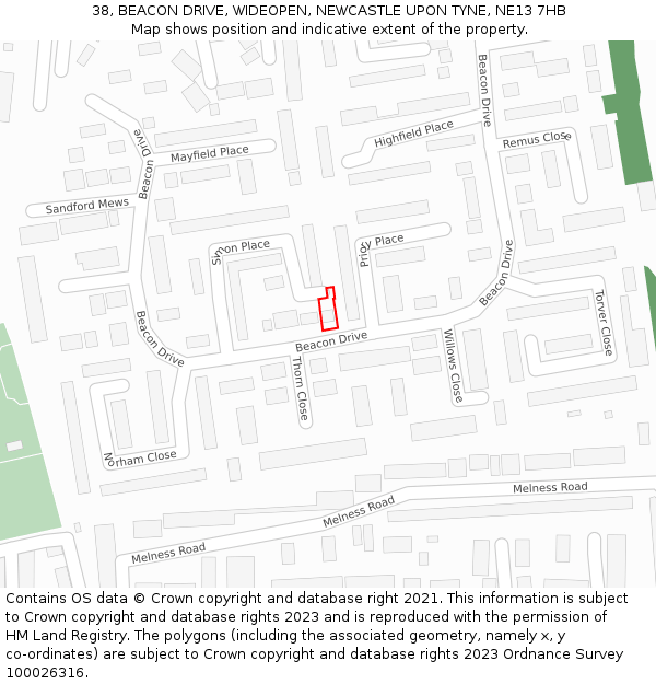 38, BEACON DRIVE, WIDEOPEN, NEWCASTLE UPON TYNE, NE13 7HB: Location map and indicative extent of plot