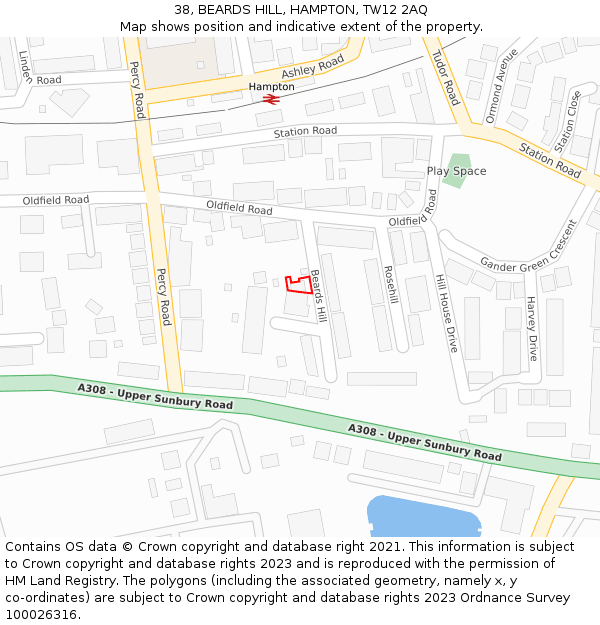 38, BEARDS HILL, HAMPTON, TW12 2AQ: Location map and indicative extent of plot