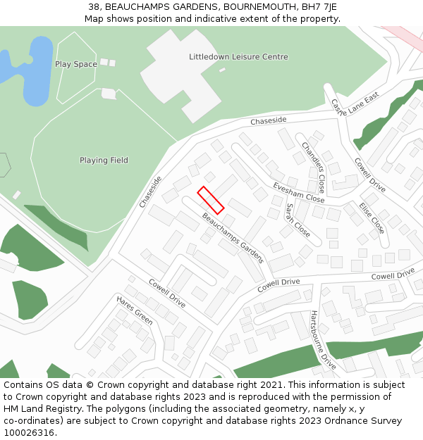 38, BEAUCHAMPS GARDENS, BOURNEMOUTH, BH7 7JE: Location map and indicative extent of plot