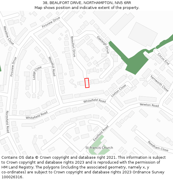 38, BEAUFORT DRIVE, NORTHAMPTON, NN5 6RR: Location map and indicative extent of plot