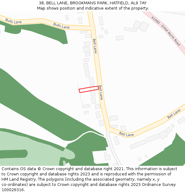 38, BELL LANE, BROOKMANS PARK, HATFIELD, AL9 7AY: Location map and indicative extent of plot