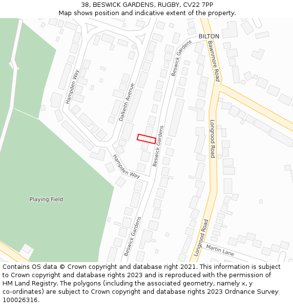 38, BESWICK GARDENS, RUGBY, CV22 7PP: Location map and indicative extent of plot