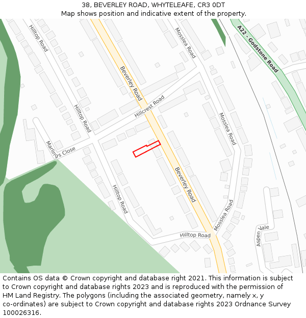 38, BEVERLEY ROAD, WHYTELEAFE, CR3 0DT: Location map and indicative extent of plot