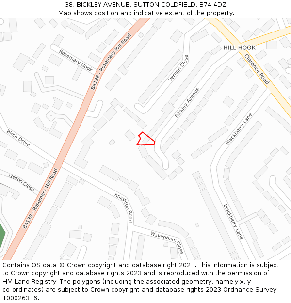 38, BICKLEY AVENUE, SUTTON COLDFIELD, B74 4DZ: Location map and indicative extent of plot