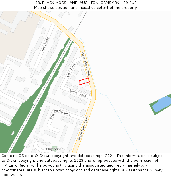38, BLACK MOSS LANE, AUGHTON, ORMSKIRK, L39 4UF: Location map and indicative extent of plot