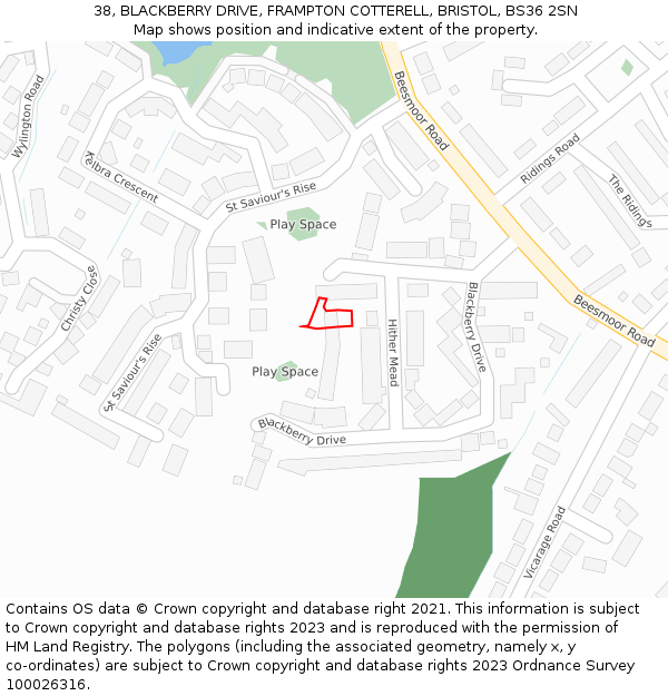 38, BLACKBERRY DRIVE, FRAMPTON COTTERELL, BRISTOL, BS36 2SN: Location map and indicative extent of plot