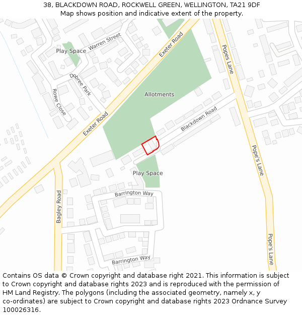 38, BLACKDOWN ROAD, ROCKWELL GREEN, WELLINGTON, TA21 9DF: Location map and indicative extent of plot