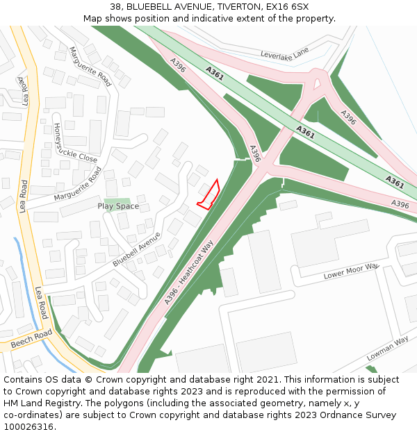 38, BLUEBELL AVENUE, TIVERTON, EX16 6SX: Location map and indicative extent of plot