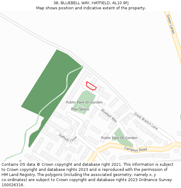 38, BLUEBELL WAY, HATFIELD, AL10 9FJ: Location map and indicative extent of plot