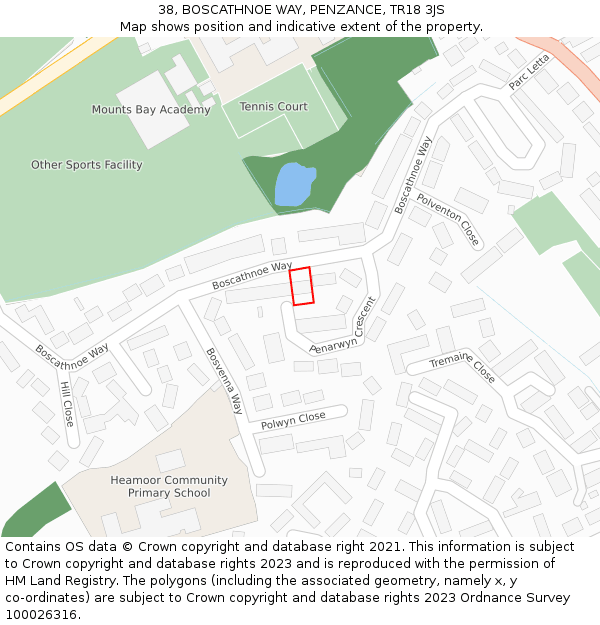 38, BOSCATHNOE WAY, PENZANCE, TR18 3JS: Location map and indicative extent of plot