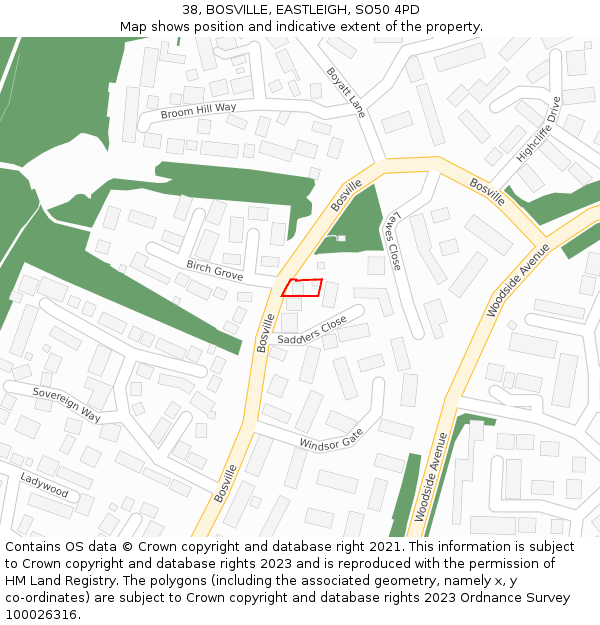 38, BOSVILLE, EASTLEIGH, SO50 4PD: Location map and indicative extent of plot