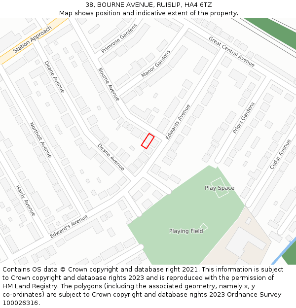 38, BOURNE AVENUE, RUISLIP, HA4 6TZ: Location map and indicative extent of plot