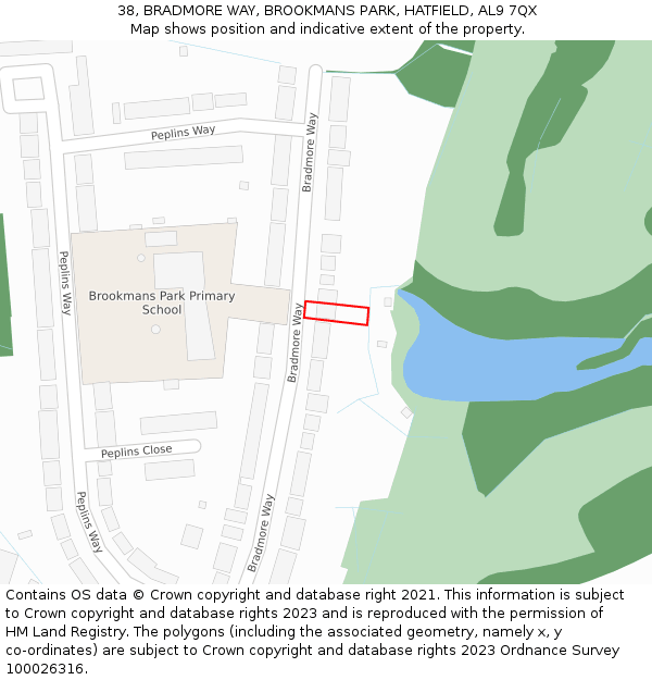 38, BRADMORE WAY, BROOKMANS PARK, HATFIELD, AL9 7QX: Location map and indicative extent of plot