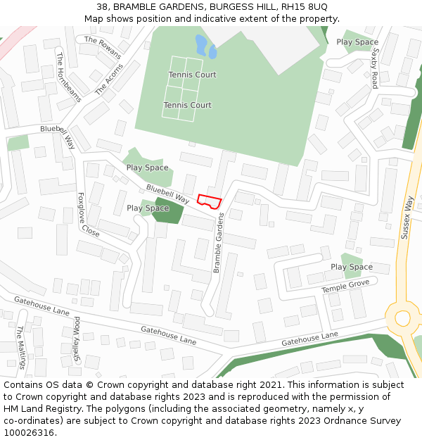 38, BRAMBLE GARDENS, BURGESS HILL, RH15 8UQ: Location map and indicative extent of plot