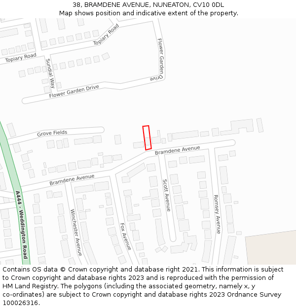 38, BRAMDENE AVENUE, NUNEATON, CV10 0DL: Location map and indicative extent of plot