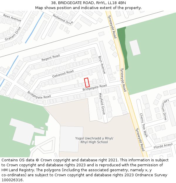 38, BRIDGEGATE ROAD, RHYL, LL18 4BN: Location map and indicative extent of plot