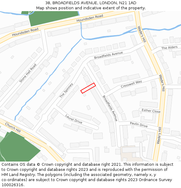38, BROADFIELDS AVENUE, LONDON, N21 1AD: Location map and indicative extent of plot