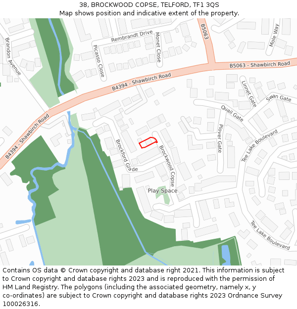 38, BROCKWOOD COPSE, TELFORD, TF1 3QS: Location map and indicative extent of plot