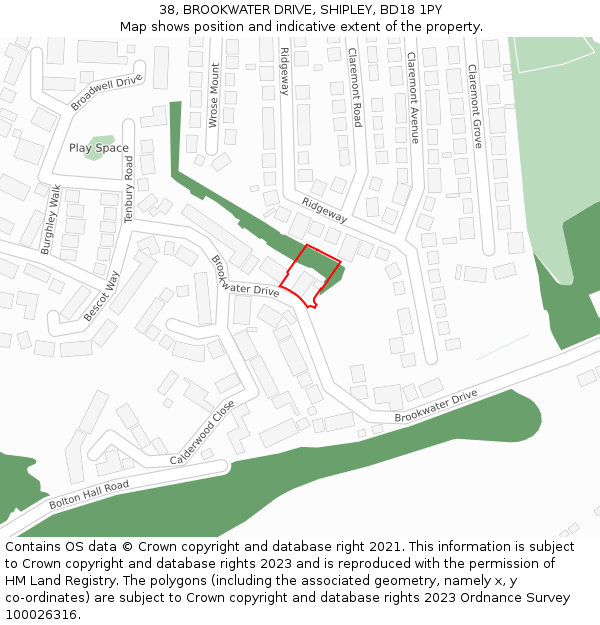 38, BROOKWATER DRIVE, SHIPLEY, BD18 1PY: Location map and indicative extent of plot