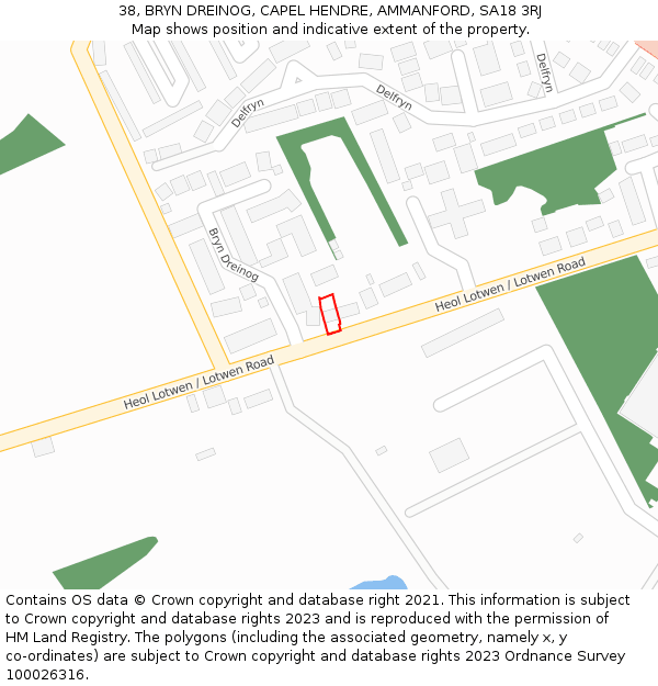38, BRYN DREINOG, CAPEL HENDRE, AMMANFORD, SA18 3RJ: Location map and indicative extent of plot