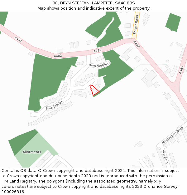 38, BRYN STEFFAN, LAMPETER, SA48 8BS: Location map and indicative extent of plot