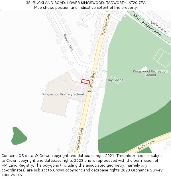 38, BUCKLAND ROAD, LOWER KINGSWOOD, TADWORTH, KT20 7EA: Location map and indicative extent of plot