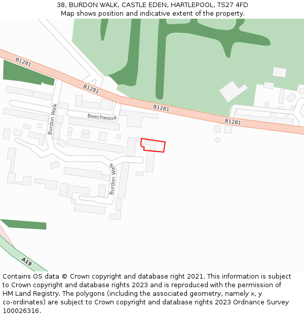 38, BURDON WALK, CASTLE EDEN, HARTLEPOOL, TS27 4FD: Location map and indicative extent of plot