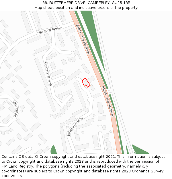 38, BUTTERMERE DRIVE, CAMBERLEY, GU15 1RB: Location map and indicative extent of plot