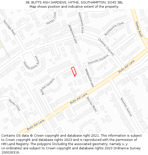 38, BUTTS ASH GARDENS, HYTHE, SOUTHAMPTON, SO45 3BL: Location map and indicative extent of plot