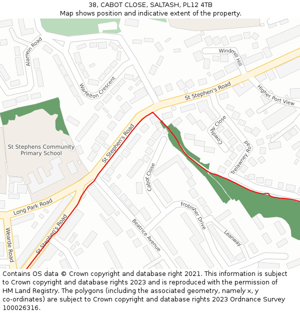 38, CABOT CLOSE, SALTASH, PL12 4TB: Location map and indicative extent of plot