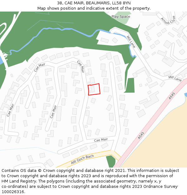 38, CAE MAIR, BEAUMARIS, LL58 8YN: Location map and indicative extent of plot