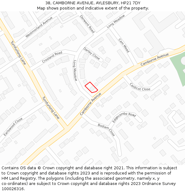 38, CAMBORNE AVENUE, AYLESBURY, HP21 7DY: Location map and indicative extent of plot