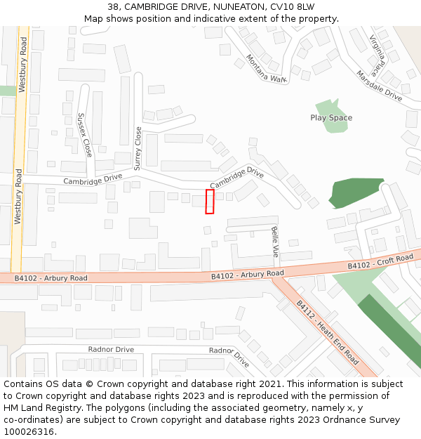 38, CAMBRIDGE DRIVE, NUNEATON, CV10 8LW: Location map and indicative extent of plot