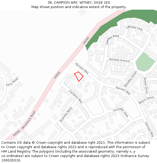 38, CAMPION WAY, WITNEY, OX28 1ES: Location map and indicative extent of plot