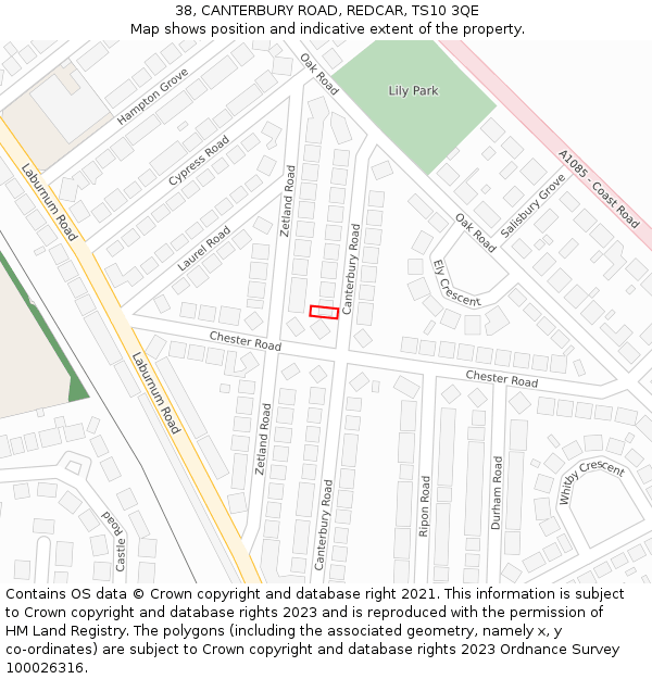 38, CANTERBURY ROAD, REDCAR, TS10 3QE: Location map and indicative extent of plot