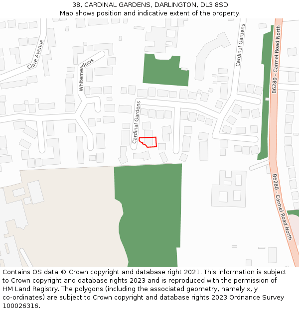 38, CARDINAL GARDENS, DARLINGTON, DL3 8SD: Location map and indicative extent of plot