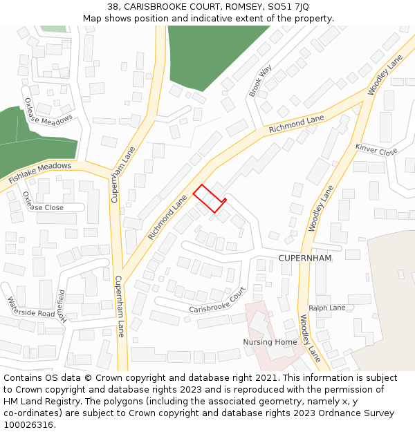 38, CARISBROOKE COURT, ROMSEY, SO51 7JQ: Location map and indicative extent of plot