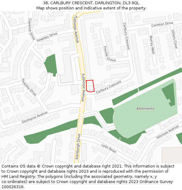 38, CARLBURY CRESCENT, DARLINGTON, DL3 9QL: Location map and indicative extent of plot