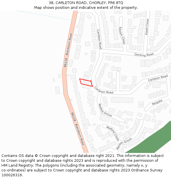 38, CARLETON ROAD, CHORLEY, PR6 8TQ: Location map and indicative extent of plot