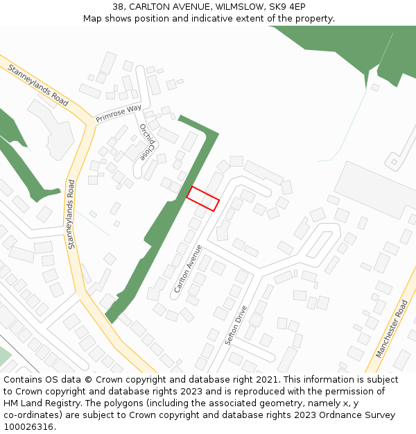 38, CARLTON AVENUE, WILMSLOW, SK9 4EP: Location map and indicative extent of plot