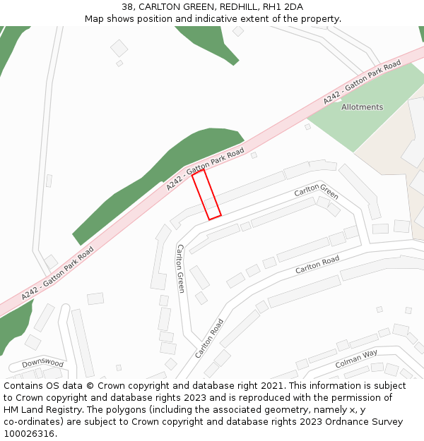 38, CARLTON GREEN, REDHILL, RH1 2DA: Location map and indicative extent of plot