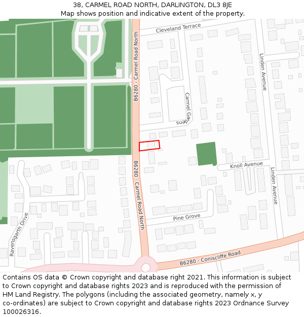 38, CARMEL ROAD NORTH, DARLINGTON, DL3 8JE: Location map and indicative extent of plot