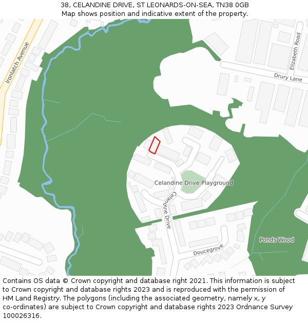 38, CELANDINE DRIVE, ST LEONARDS-ON-SEA, TN38 0GB: Location map and indicative extent of plot