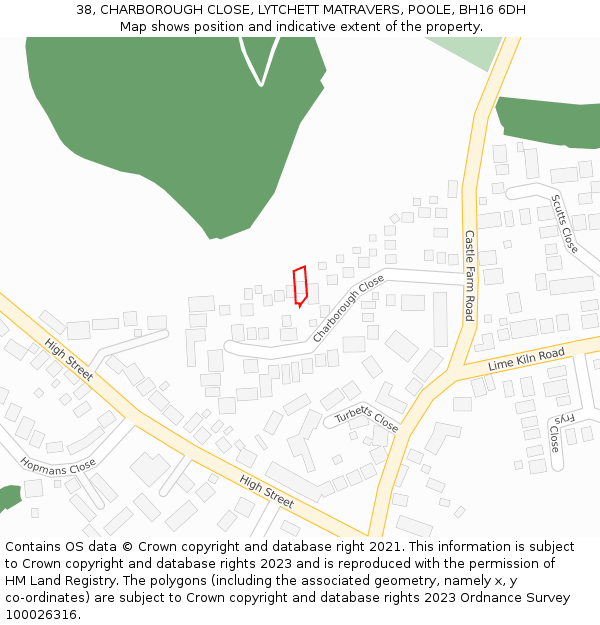 38, CHARBOROUGH CLOSE, LYTCHETT MATRAVERS, POOLE, BH16 6DH: Location map and indicative extent of plot