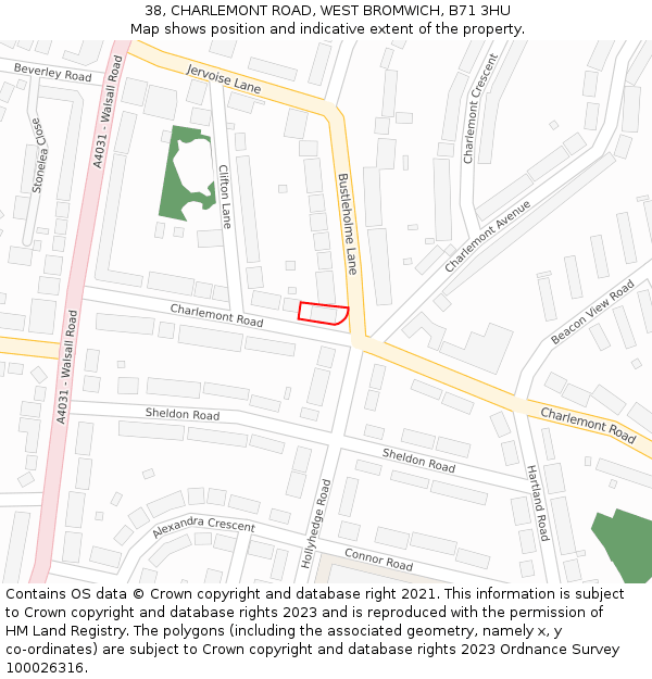 38, CHARLEMONT ROAD, WEST BROMWICH, B71 3HU: Location map and indicative extent of plot