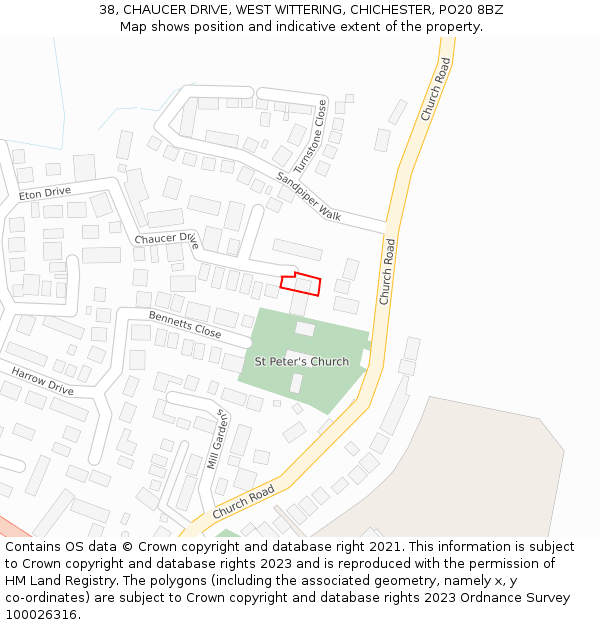 38, CHAUCER DRIVE, WEST WITTERING, CHICHESTER, PO20 8BZ: Location map and indicative extent of plot