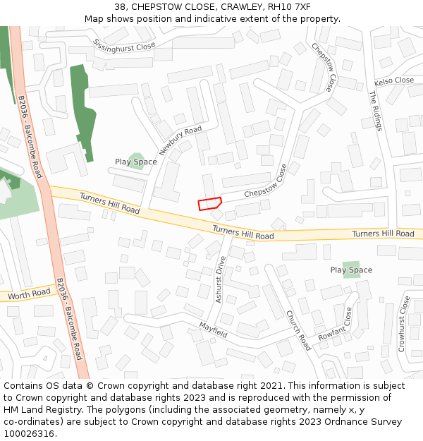 38, CHEPSTOW CLOSE, CRAWLEY, RH10 7XF: Location map and indicative extent of plot